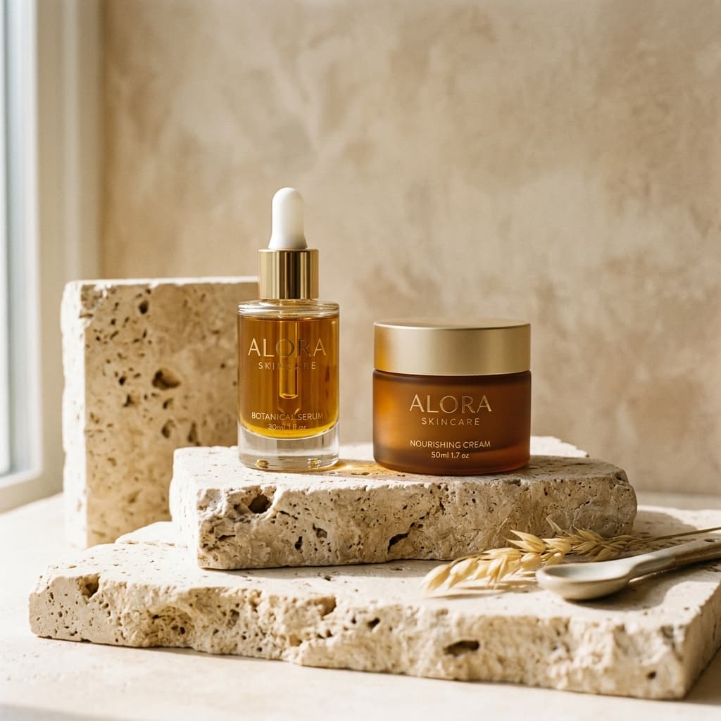 Premium organic skincare bottles on stone pedestals